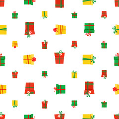 seamless pattern of red, yellow and green gift boxes tied with ribbons. isolated vector images of gift boxes.