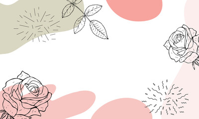 Trending background. Drawing by hand. Live lines and roses outline. Fashionable colors. White background.