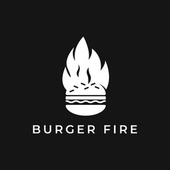 Burger fire logo. Hamburger restaurant design, flat design, big burger with fire on a dark background.