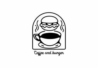 Black line art illustration of coffee and burger