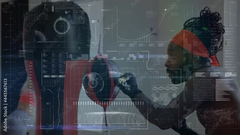 Poster animation of data processing over man boxing in gym