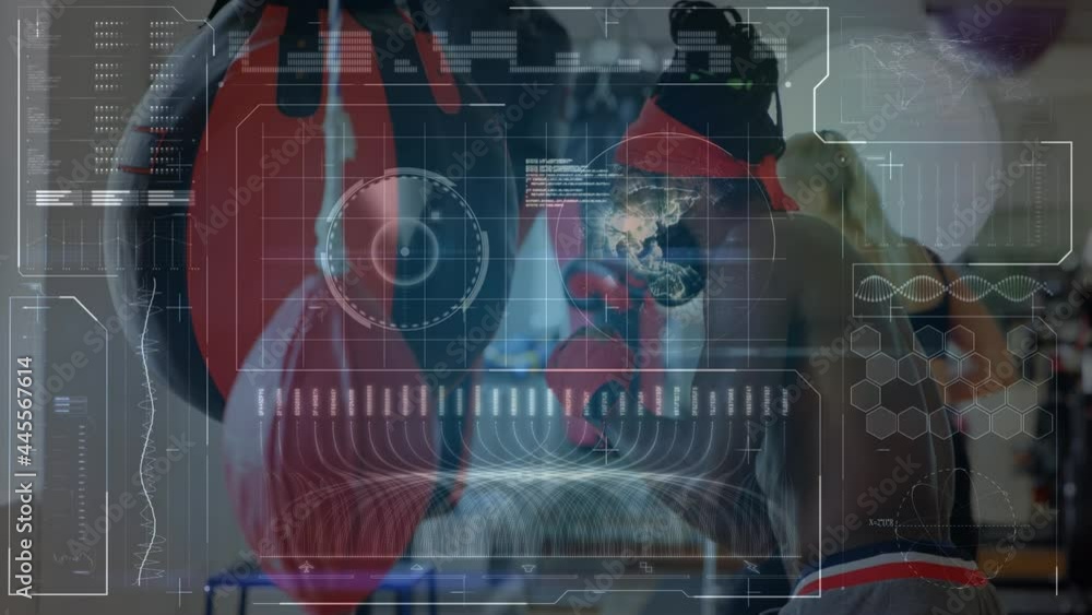 Aufkleber animation of data processing over man boxing in gym