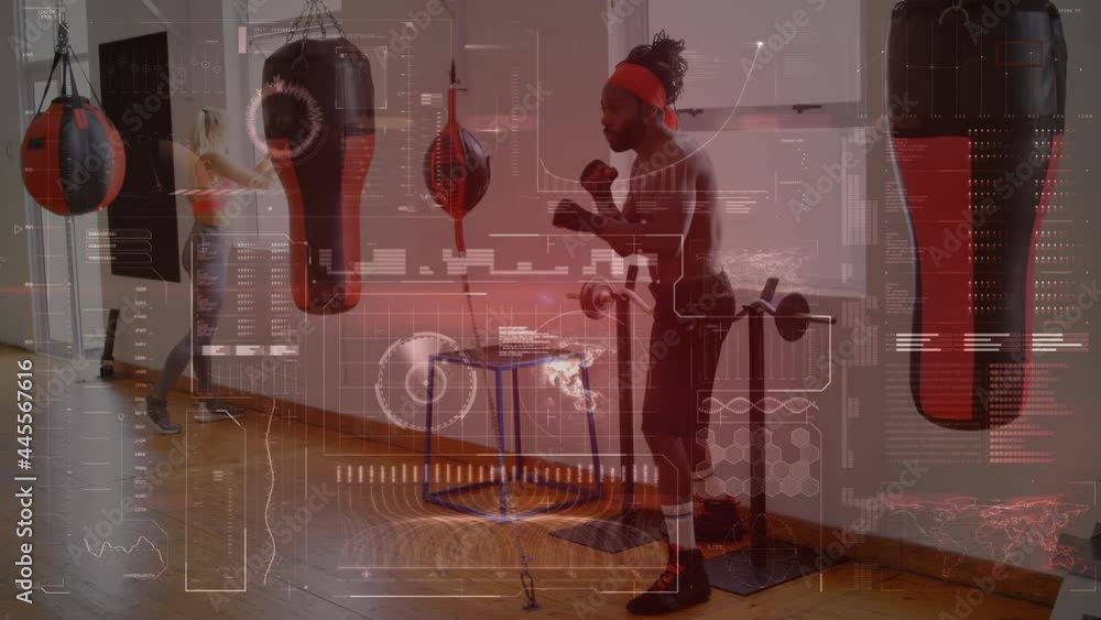 Poster animation of data processing over man boxing in gym