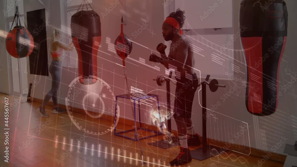 Poster animation of data processing over man boxing in gym
