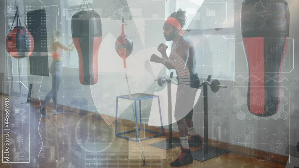 Poster animation of data processing over man boxing in gym