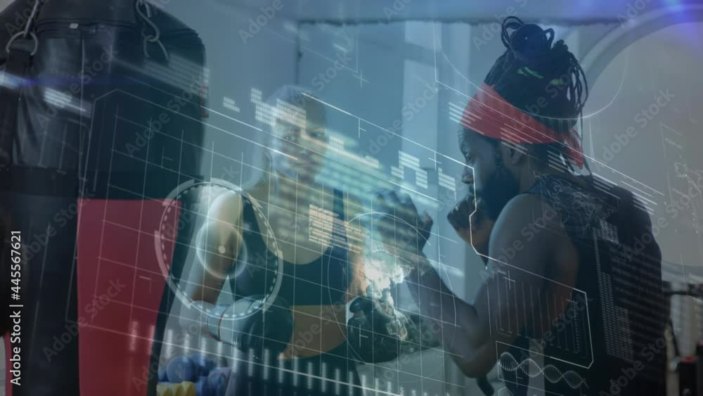 Poster animation of data processing over man boxing in gym