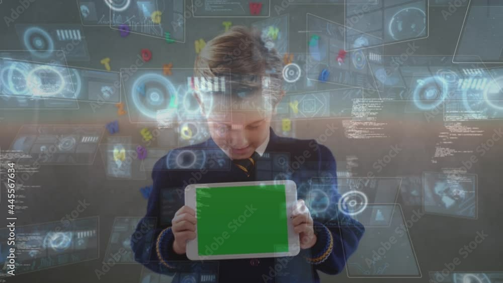 Poster animation of data processing on interface screens, over smiling schoolboy holding tablet