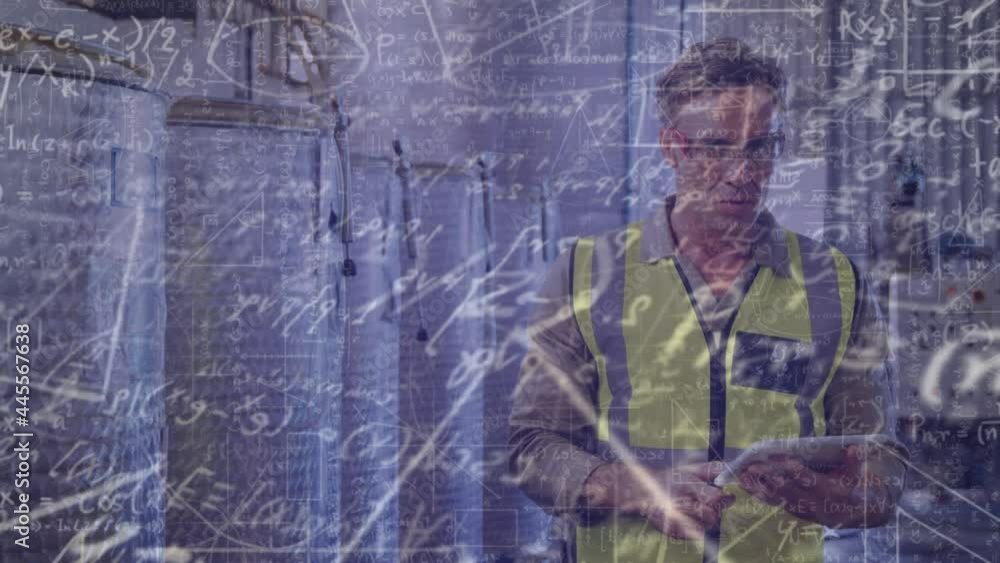 Poster animation of mathematical calculations moving over man using tablet at processing plant
