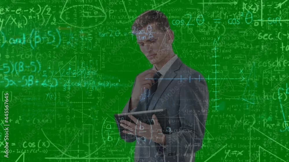 Poster animation of mathematical calculations moving over thoughtful man using tablet, against green screen
