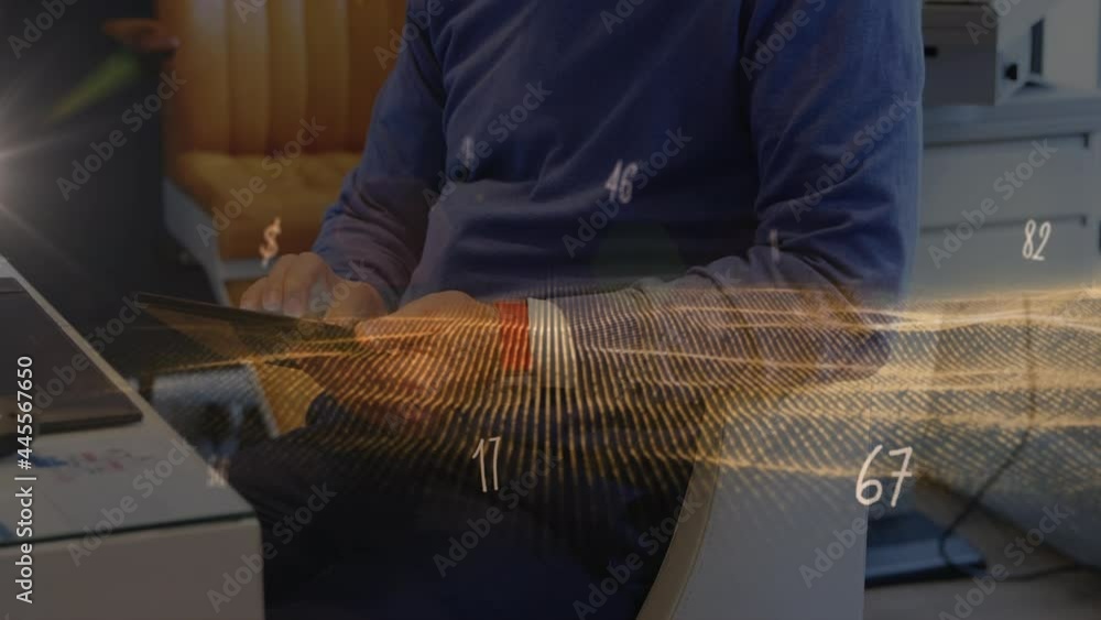 Aufkleber animation of numbers and symbols and undulating landscape moving over man using tablet at home