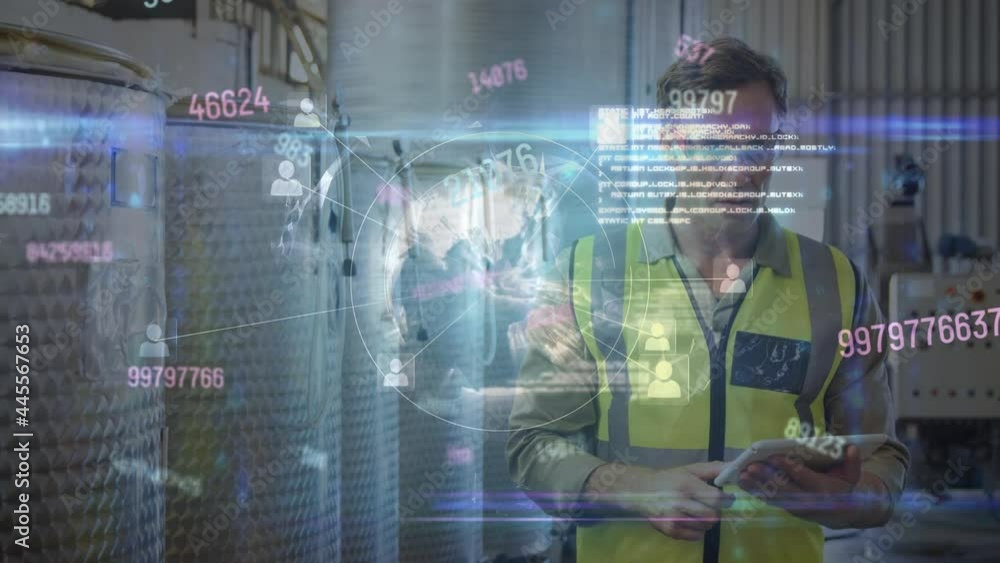 Poster animation of globe and data processing over man using tablet at processing plant