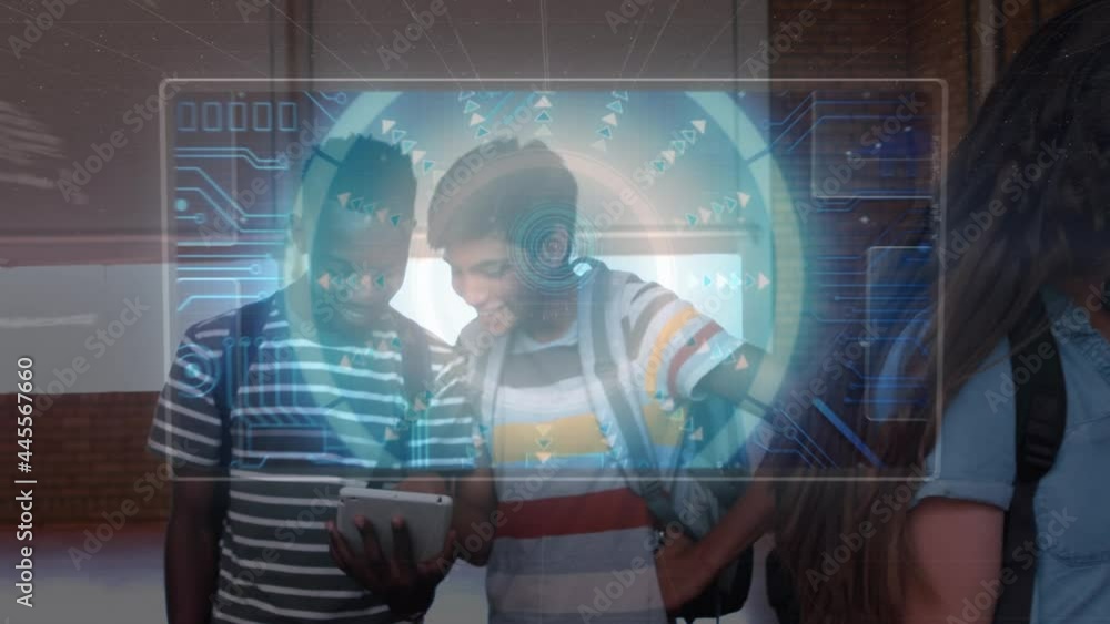 Poster animation of information, globe and data processing over diverse school children using tablets