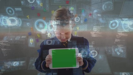 Animation of data processing on interface screens, over smiling schoolboy holding tablet - Powered by Adobe