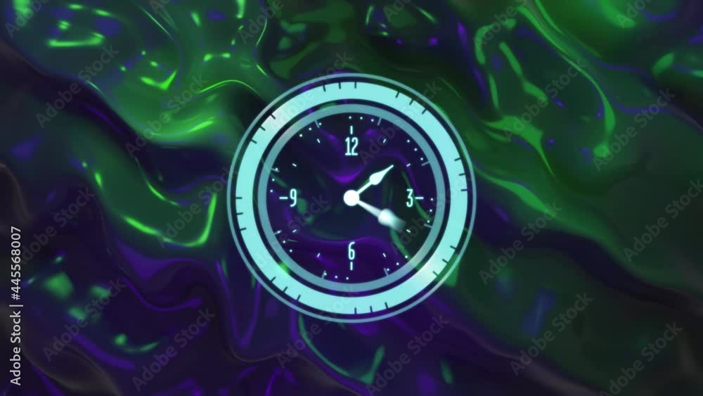 Poster animation of clock moving fast over liquid background