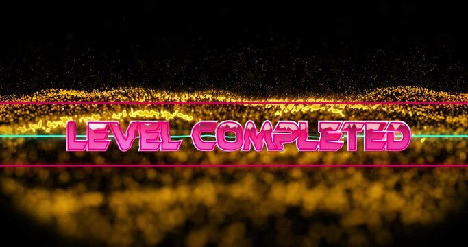 Animation of level completed text in metallic pink letters with lines over mesh