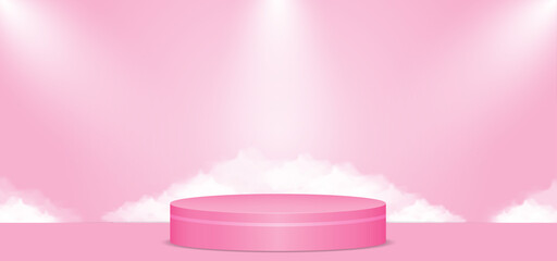 Pink background studio for product shoot with three lighting, podium and white cloud