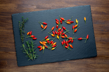 Seasoning background. Rosemary, pepper and garlic on dark stone kitchen board. Food ingredients.