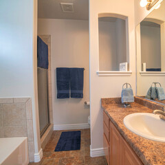 Square frame Bathroom interior with built-in marble sink, tub, toilet bowl and shower stall