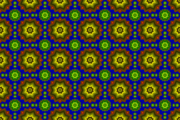 Vibrant hot color seamless pointed flower pattern for printing ethnic tribal fabrics, blue background, bright hot color wallpaper.
