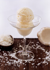Coconut ice cream in a bowl with grated coconut decoration in the background