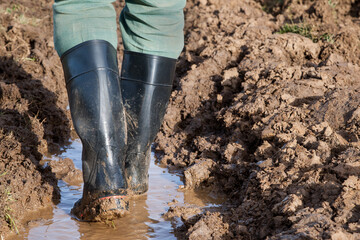A farmer walks through a moat next to the plowed field in his muddy rubber boots.