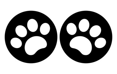 White paw prints on black circles sign symbol logo button icon.