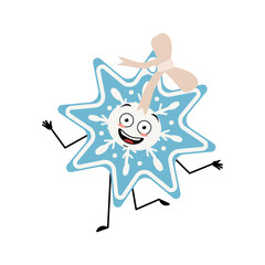 Cute Christmas snowflake with happy emotions, dancing, smile, hands and feet. Joyful New Year festive decoration with eyes
