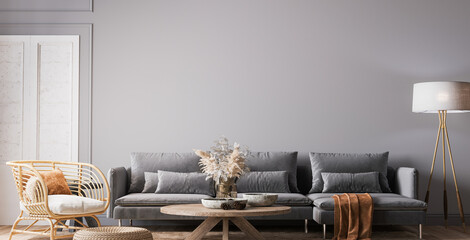 Obraz na płótnie Canvas Cozy gray living room in Scandinavian boho design, 3d render