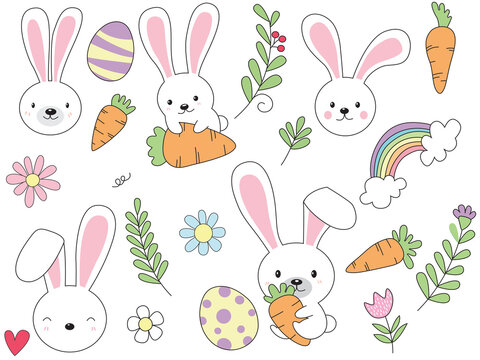 Draw character banner design rabbit with egg and carrot on white color.