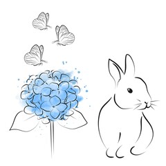 Blooming flower hydrangea with rabbit on white background.