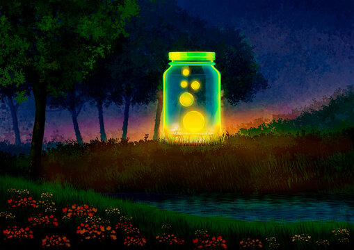 A beautiful bottle is shining in the garden.