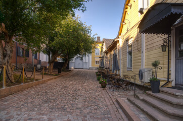 Old historical empty street with wooden houses in Finland