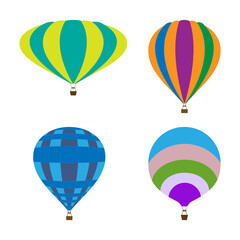 Four balloons for aeronautics of different shapes and colors on a white background.