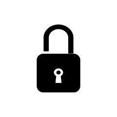 The silhouette of an open lock is black, good protection for the house on a white background.