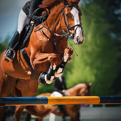 A sorrel racehorse with a rider in the saddle jumps over a high yellow-blue barrier at a show...
