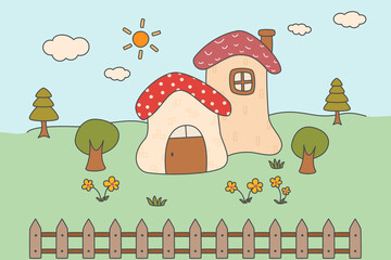 illustration of a house that looks like a mushroom hut or built from clay. with chimney, fence, pine, flowers, forest scenery, cute cartoon style, hand drawn