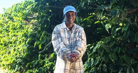 Foto op Canvas Woman American African farmer showing picked red coffee beans in his hands. Woman coffee farmer is harvesting coffee in the farm, arabica coffee. © Brastock Images
