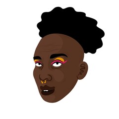 Nonbinary Person with black skin and hair. they are wearing yellow and pink eye make-up and a septum. 