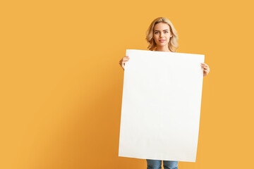 Beautiful young woman with blank paper sheet on color background