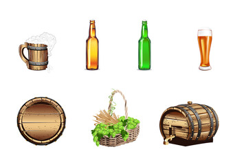 Set of realistic illustrations of beer barrel, beer glass, glass, bottle, basket with hops and malt. Vector elements for decorating a poster, flyer, card or beer menu. Festival of beer.