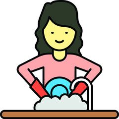 Young housewife woman washing dishes in kitchen Concept, Teen Girl Cleaning Plates Vector Color Icon Design, Everyday life Symbol, Daily Routine life Sign, Activitie of daily living Stock illustration