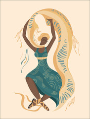 Eastern dance. A dark-skinned woman in a headscarf. The beautiful girl is dancing. Arab culture. Turban on the head. African dancer. African American woman with headdress. Nice print for clothes.