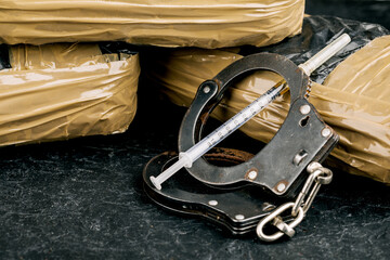 Heroin in a syringe on the dark cement floor. An addictive substance, a drug, an illegal thing, the...