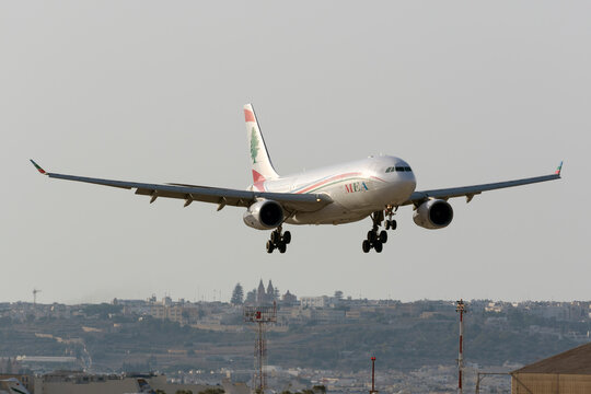 Luqa, Malta July 12, 2016: Middle East Airlines (MEA) Airbus A330-243 [OD-MED] landing runway 13.
