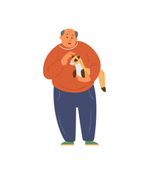 Man Holding And Patting Ferret Vector illustration. Happy Pet Owner. Isolated on white.