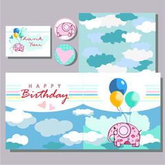 set of banners with with elephant on baloons in clouds