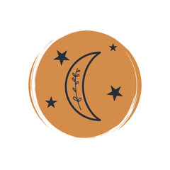 Cute esoteric icon vector with moon and stars, illustration on circle with brush texture, for social media story and highlights	