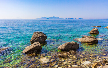 Natural coastal landscapes on Kos Island Greece mountains cliffs rocks.