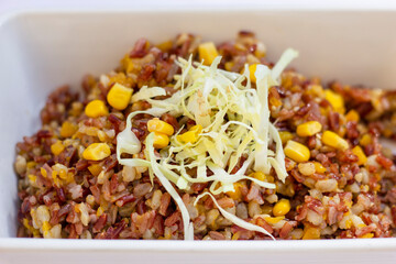 Wild rice salad with corn and cabbage, vegan summer food