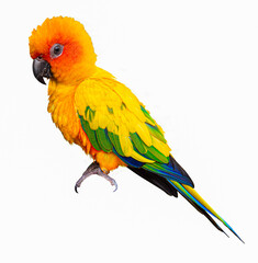 Parrots, Sun Cornure, yellow and green. Parrots are raised independently. Can fly as needed. cute bird or pet naturally reared Not caged or chained, able to fly freely. isolated on white background.